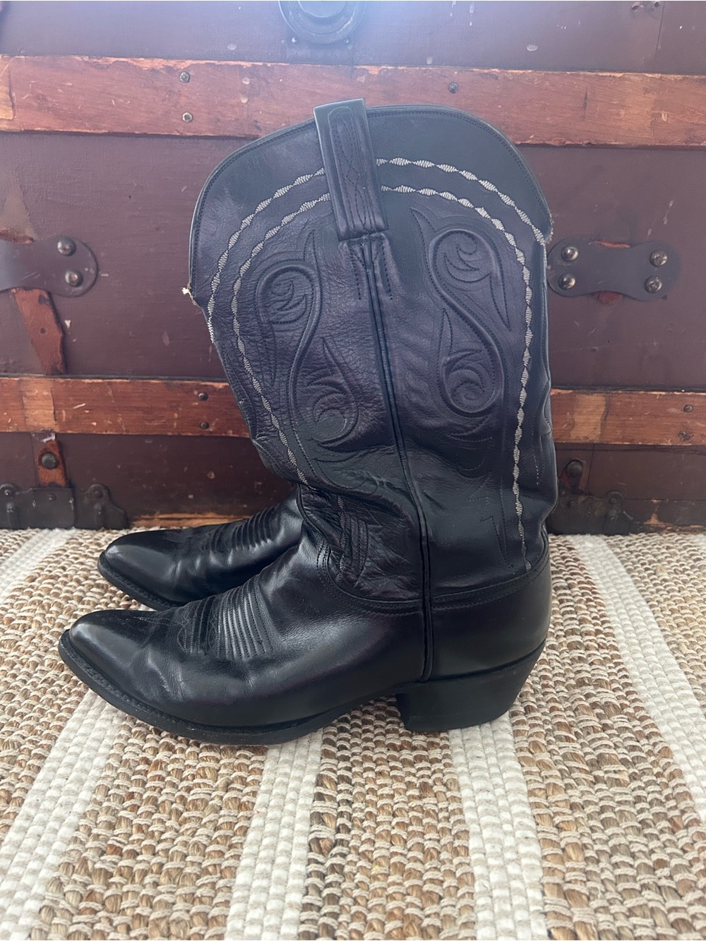 Lucchese Black Leather Cowboy Boots with White Stitching